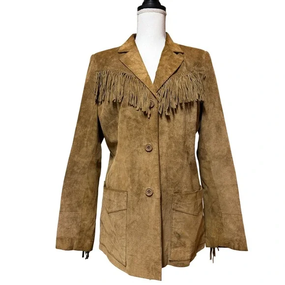 Denim & Co Brown Suede Leather Fringe Western Jacket Womens Medium A53263 EUC - Picture 1 of 7